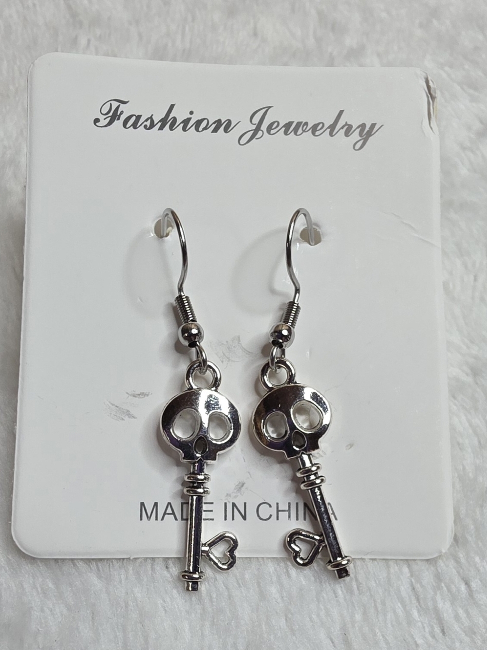 Silver Skull Skeleton Key Dangle Earrings
